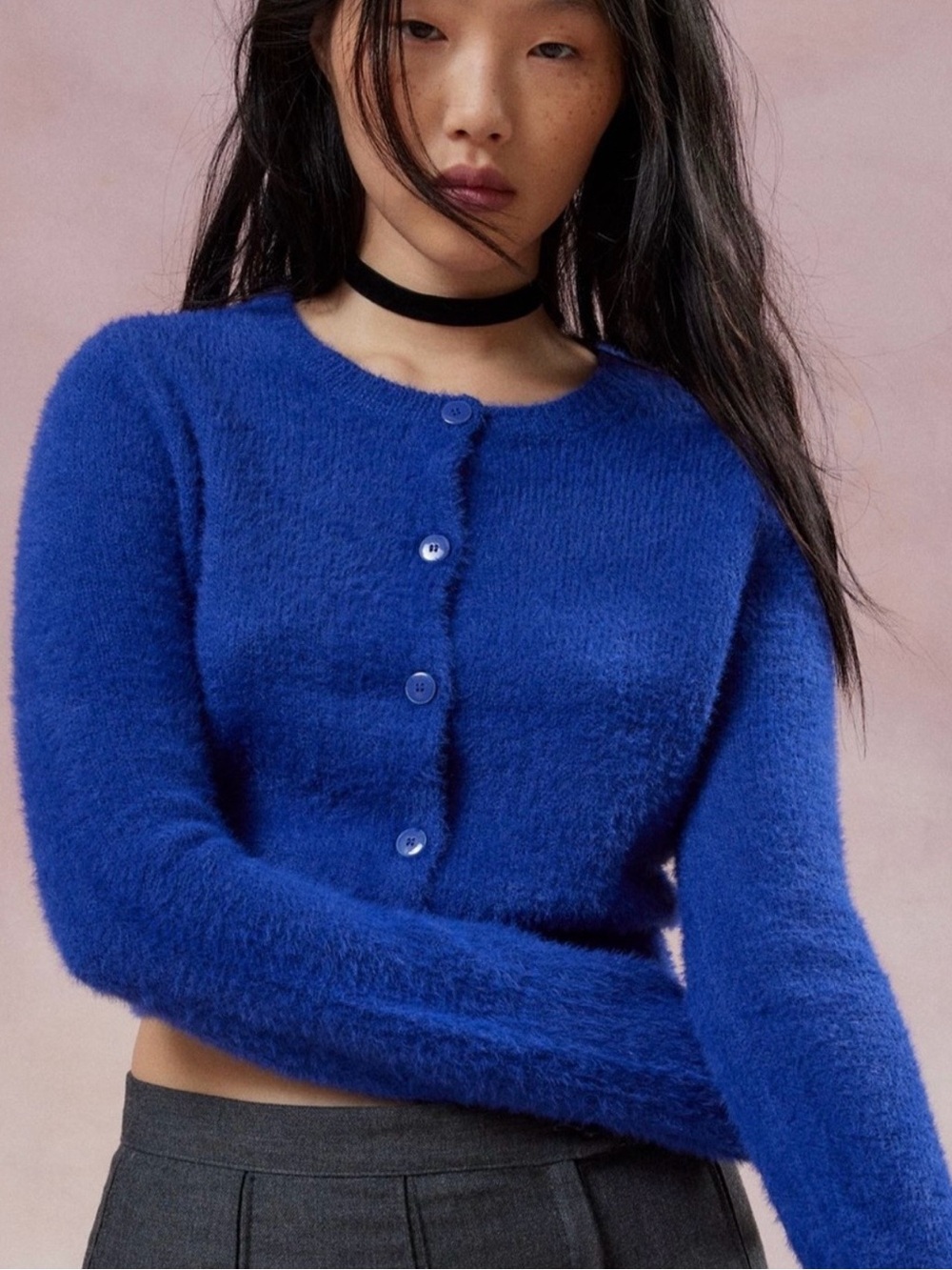 Kimchi Blue Royal Blue Fuzzy Button-Up Crop Cardigan - Picture 2 of 7